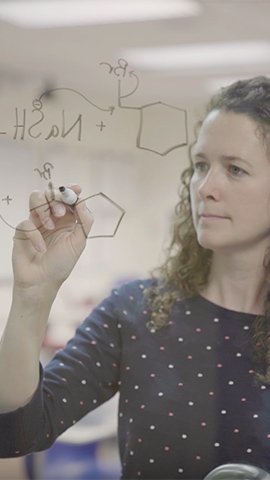 Professor Tina Goudreau Collison writing a chemistry formula.
